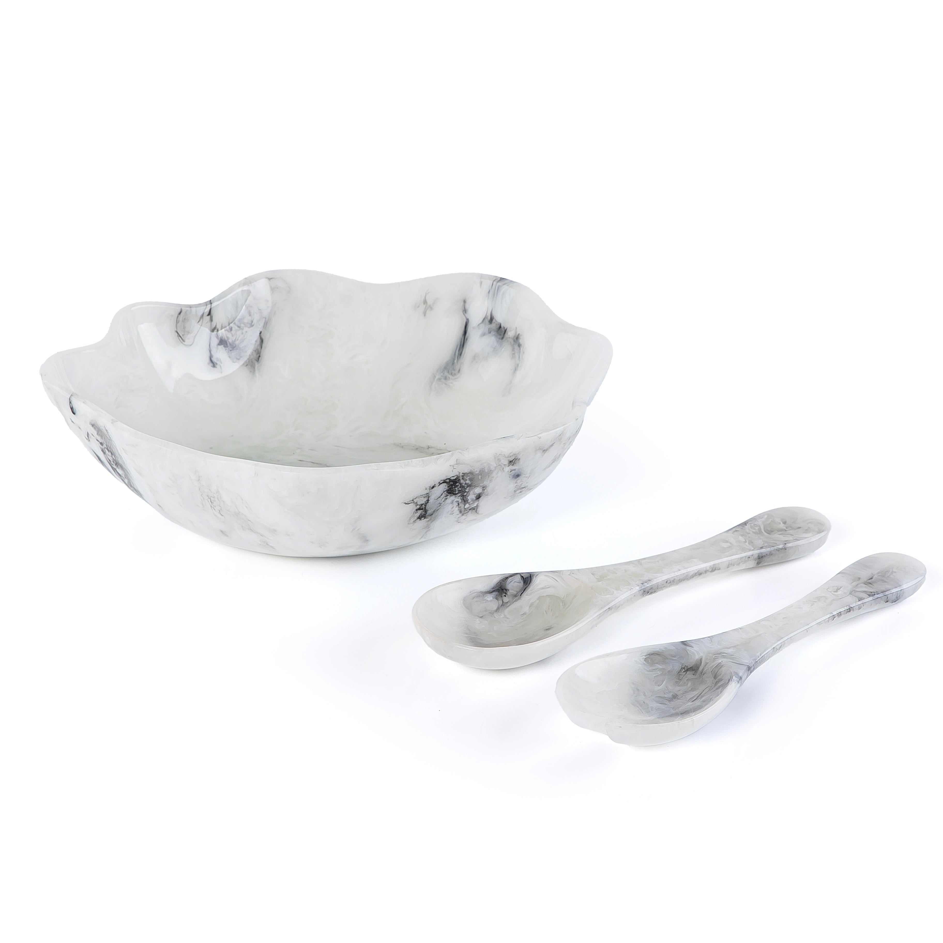 Large Resin Serving Bowl with 2 Spoons - Black & White