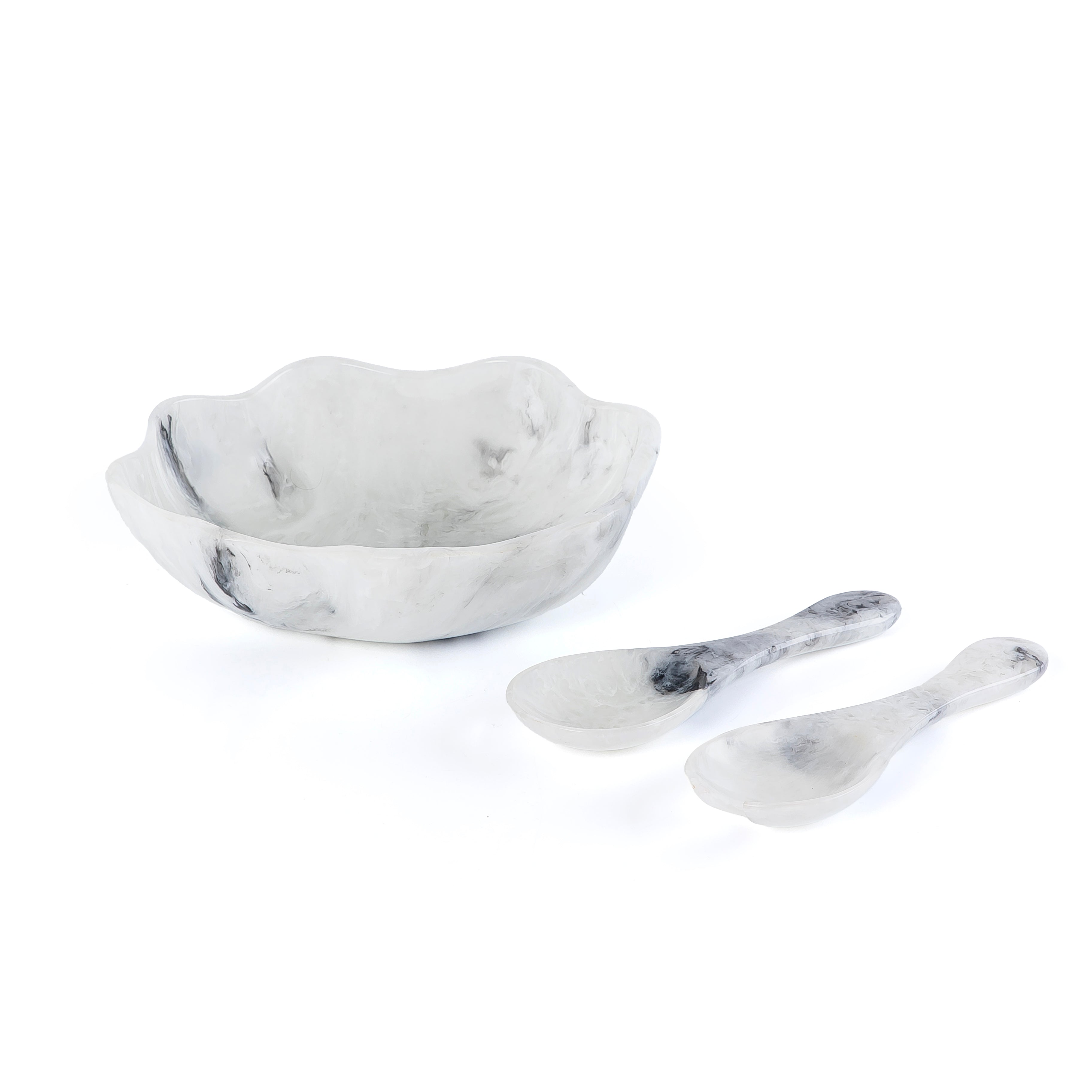 Small Resin Serving Bowl with 2 Spoons - Black & White