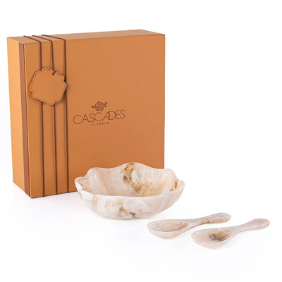 طقم من وعاء تقديم صغير من الراتنج مع ملعقتين مع بوكس هدايا  –  بيج 