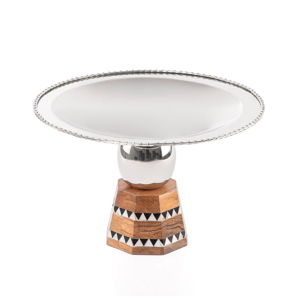 Stainless steel round serving plate with base stand - large