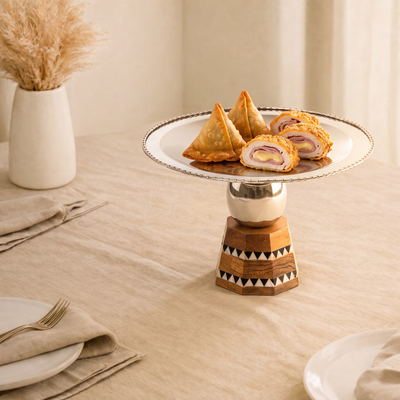 Stainless steel round serving plate with base stand - large