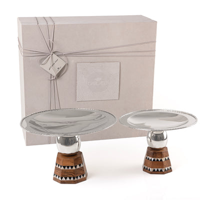 Set of 2 stainless steel round serving plate base stand with gift box
