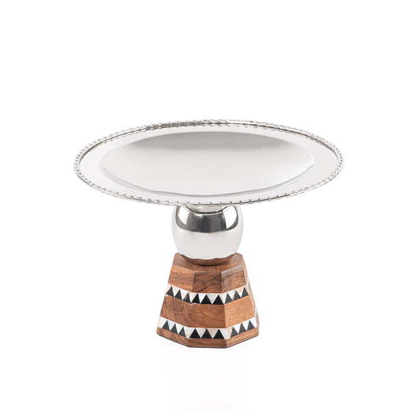 Stainless steel round serving plate with base stand - small