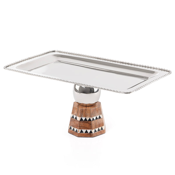 Stainless steel rectangle serving plate with base stand - large