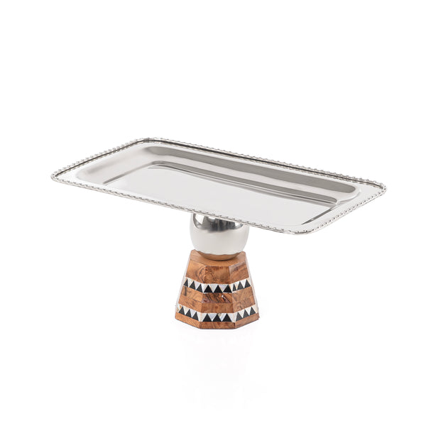 Stainless steel rectangle serving plate with base stand - small