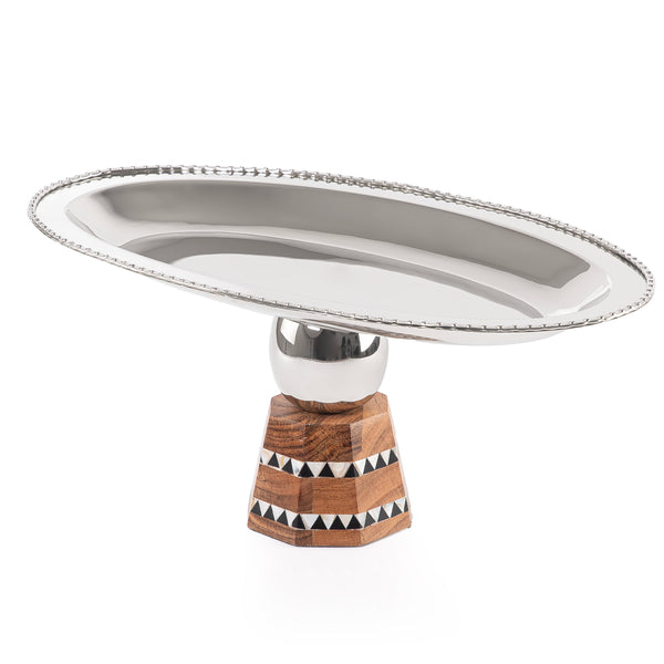 Stainless steel oval serving plate with base stand - large