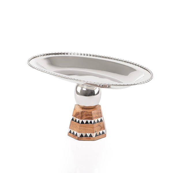 Stainless steel oval serving plate with base stand - small