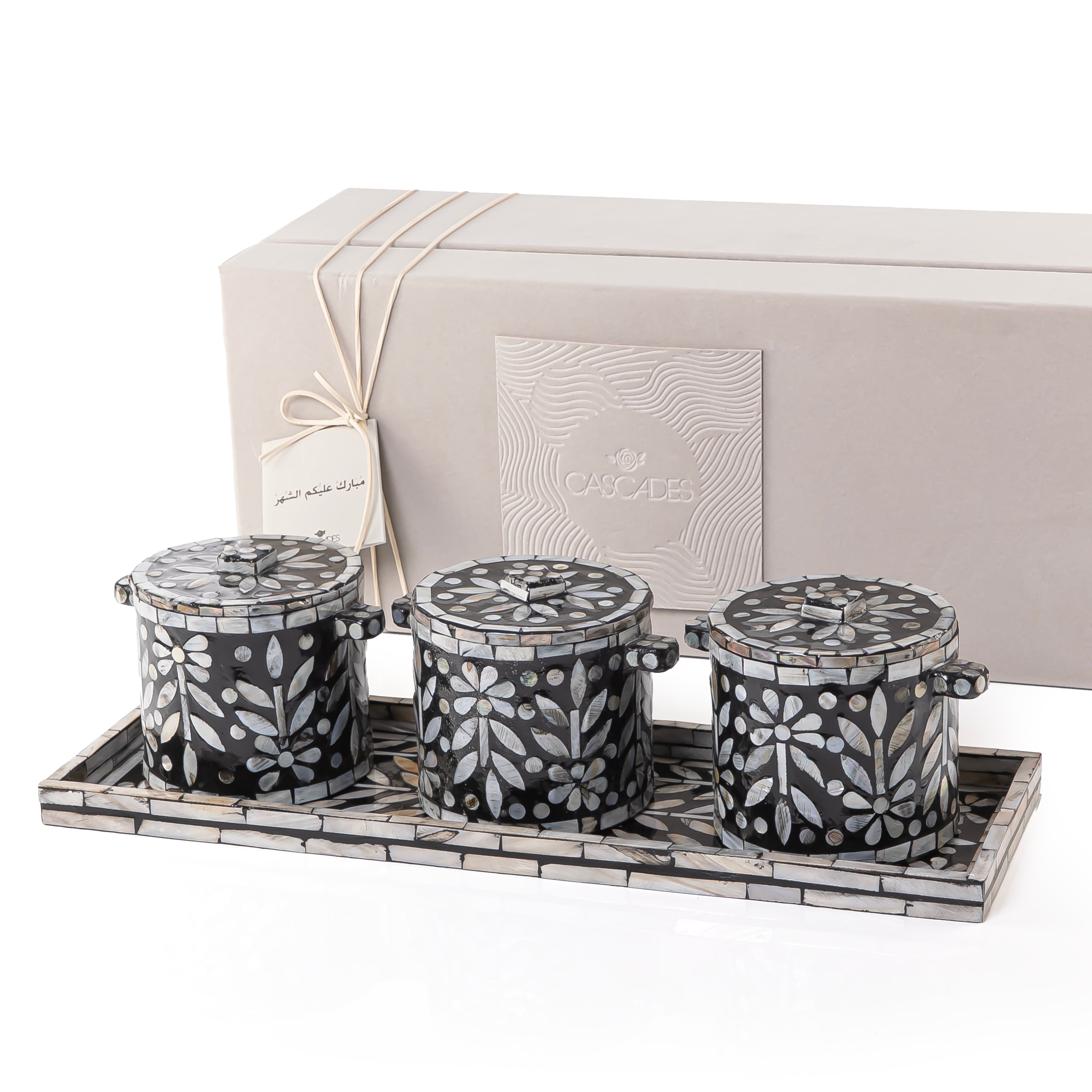 طقم من 3 جار + صينية من الصدف مع بوكس هدايا - أسود