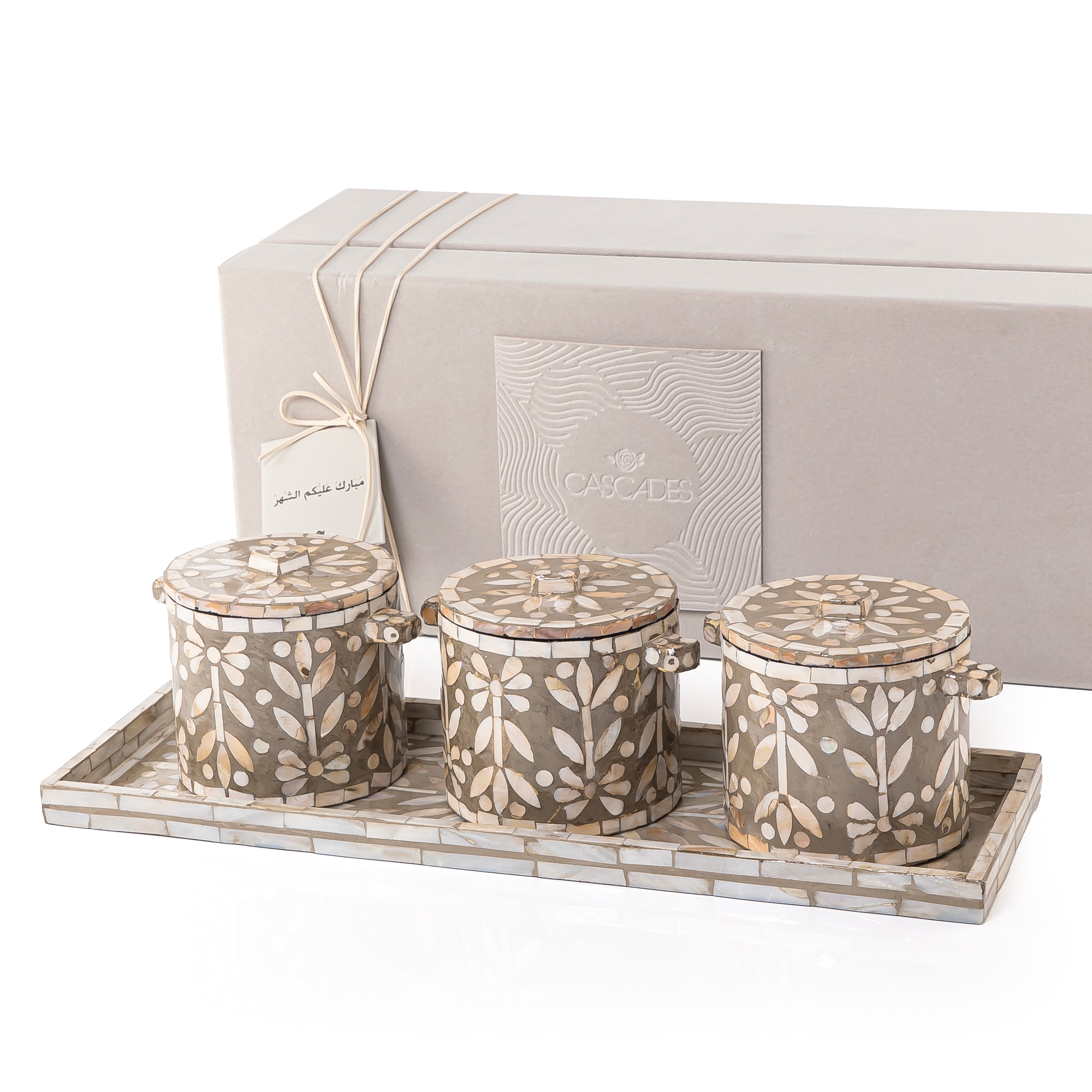 طقم من 3 جار + صينية من الصدف مع بوكس هدايا