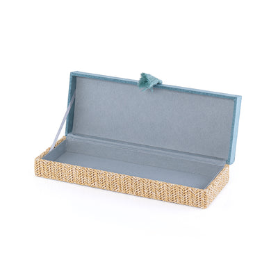 Small Rattan Rectangle Jewelry Box with Cover - Blue