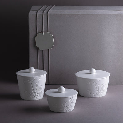 Set Of 3 Matt White Ceramic Bowl with cover With Gift Box
