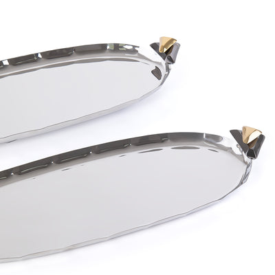 طقم مكون من 2 صينية تقديم معدن علي شكل بيضاوي مع بوكس هدايا - ذهبي & أسود