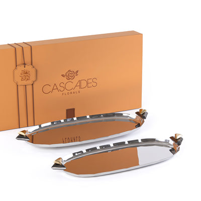 طقم مكون من 2 صينية تقديم معدن علي شكل بيضاوي مع بوكس هدايا - ذهبي & أسود