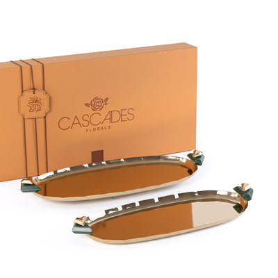 طقم مكون من 2 صينية تقديم معدن علي شكل بيضاوي مع بوكس هدايا - ذهبي 