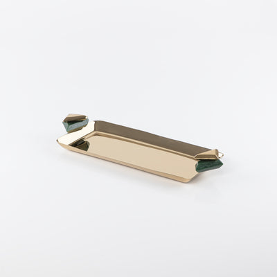 صينية تقديم معدنية مستطيلة باللون الذهبي والأخضر - صغير