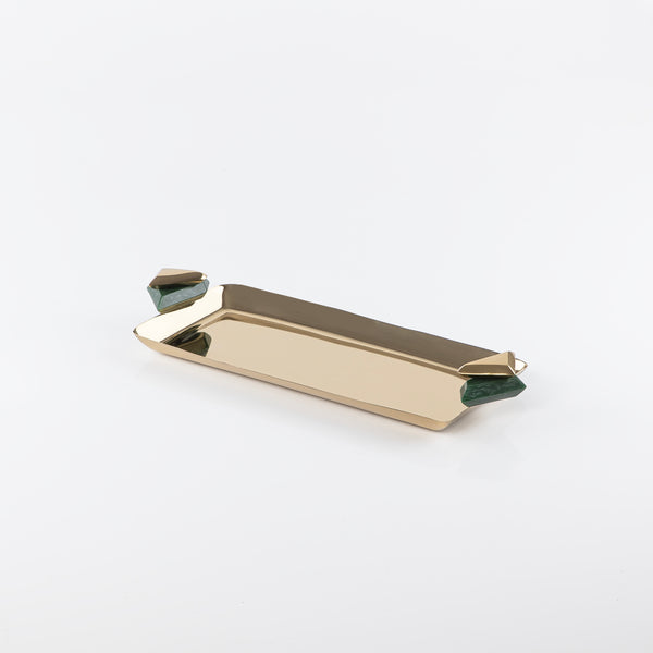 صينية تقديم معدنية مستطيلة باللون الذهبي والأخضر | 32×14 سم