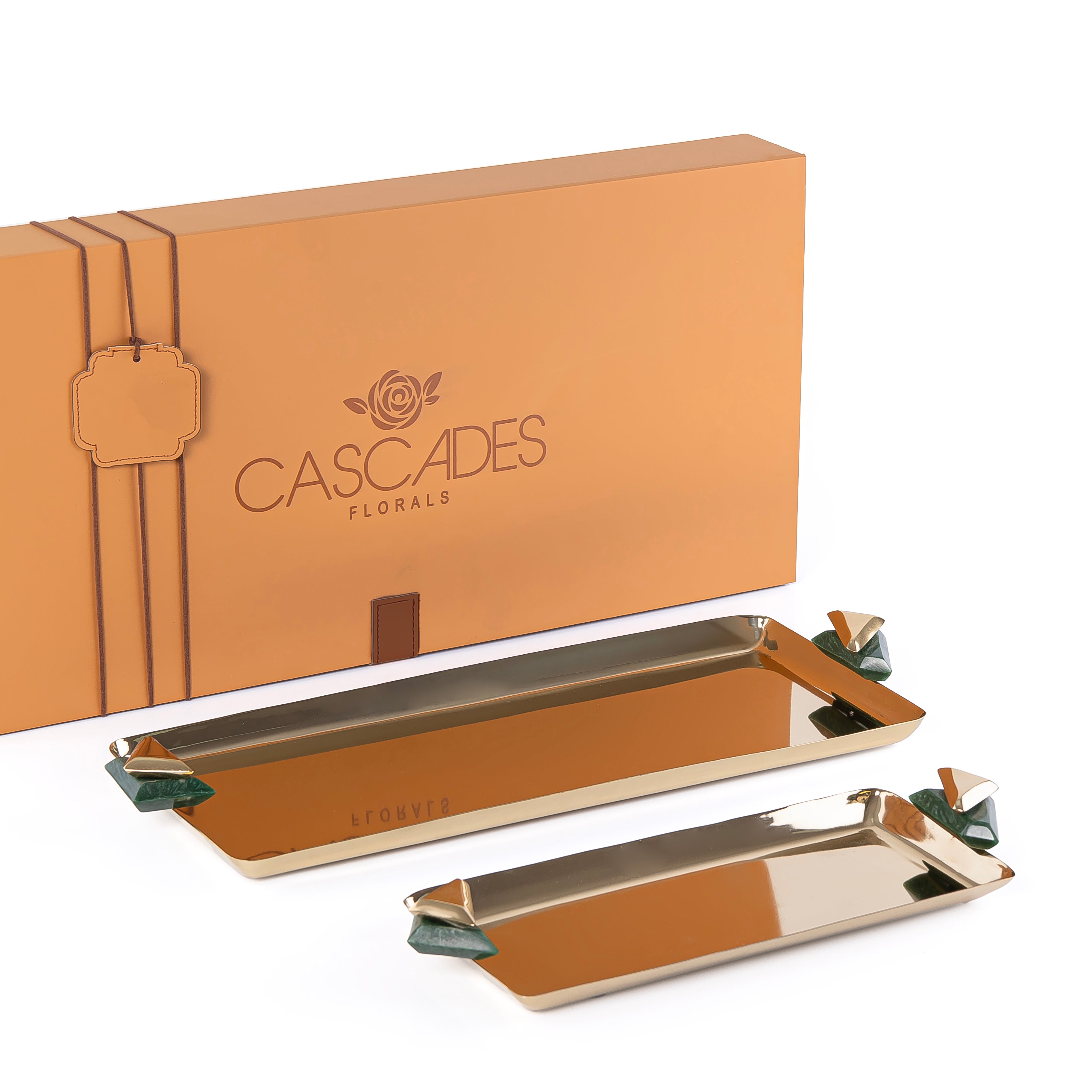 Set of 2 Rectangular Metal Serving Tray with gift box - Gold & Green