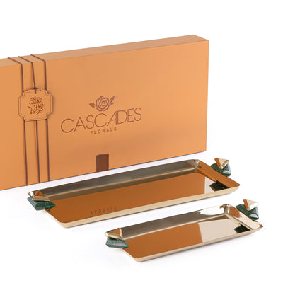 Set of 2 Rectangular Metal Serving Tray with gift box - Gold & Green