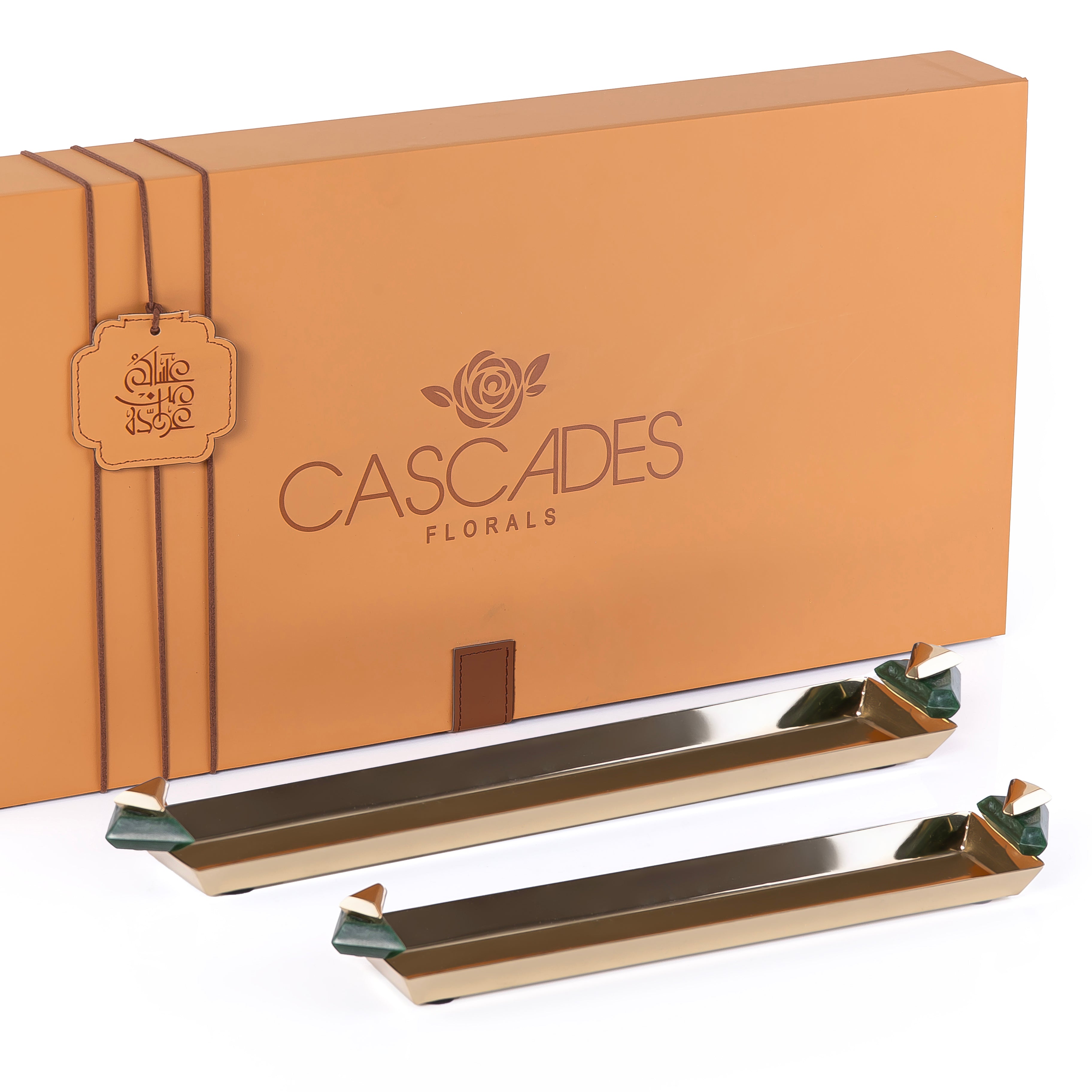 Set of 2 Long Metal Serving Tray with gift box - Gold & Green