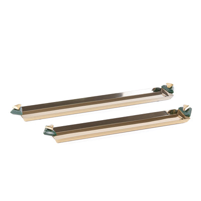 Set of 2 Long Metal Serving Tray with gift box -  Gold & Green