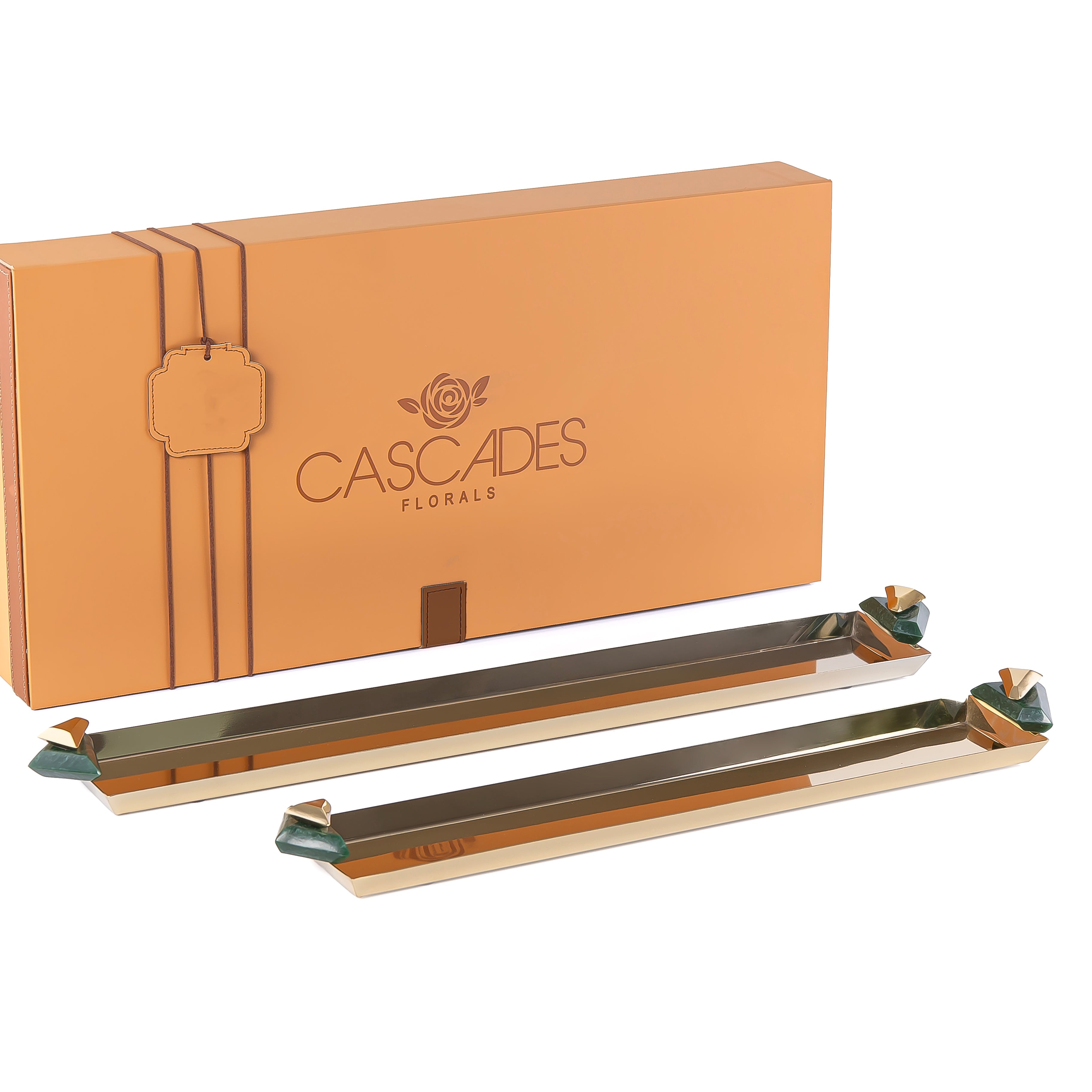 Set of 2 Long Metal Serving Tray with gift box -  Gold & Green