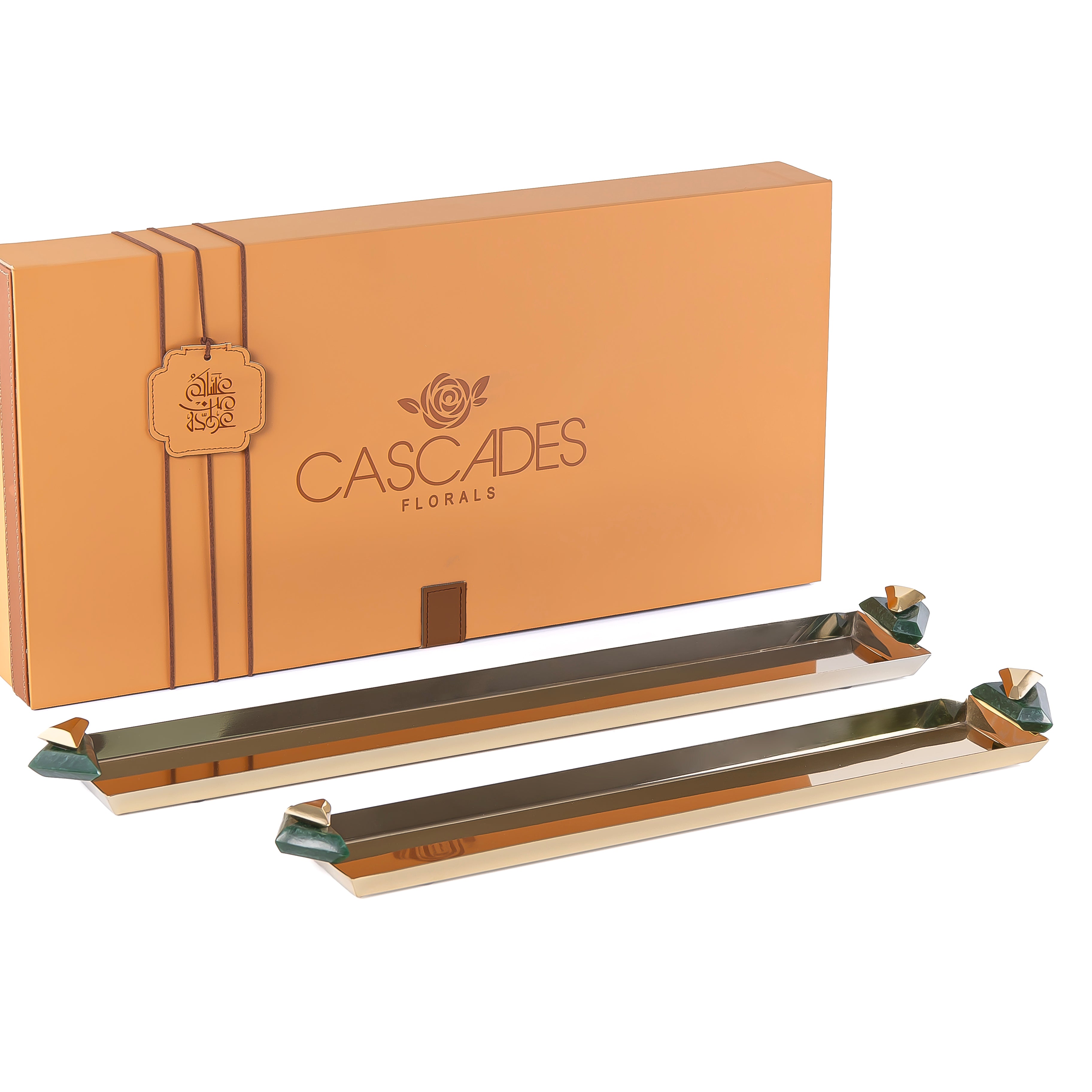 Set of 2 Long Metal Serving Tray with gift box -  Gold & Green