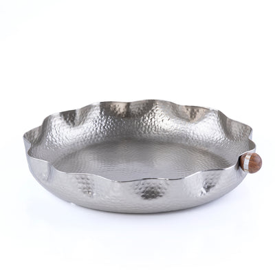 Large Circular Metal Plate With A Wooden Handle