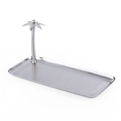 Large Metal Serving Tray With Decorative Palm Tree - Silver