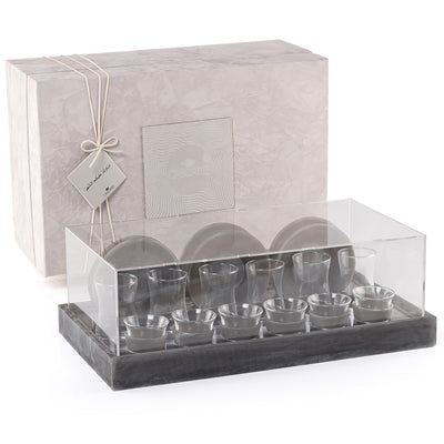 طقم مكون من 12 إستيكانات وفناجين قهوة مع الأطباق وبوكس هدايا - رمادي