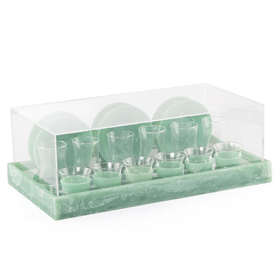 طقم مكون من 12 إستيكانات وفناجين قهوة مع الأطباق وبوكس هدايا - أخضر