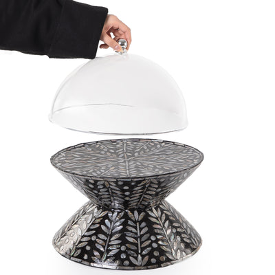 ستاند تقديم الكيك الدائري من الصدف وجهين مع غطاء أكليريك - أسود كبير