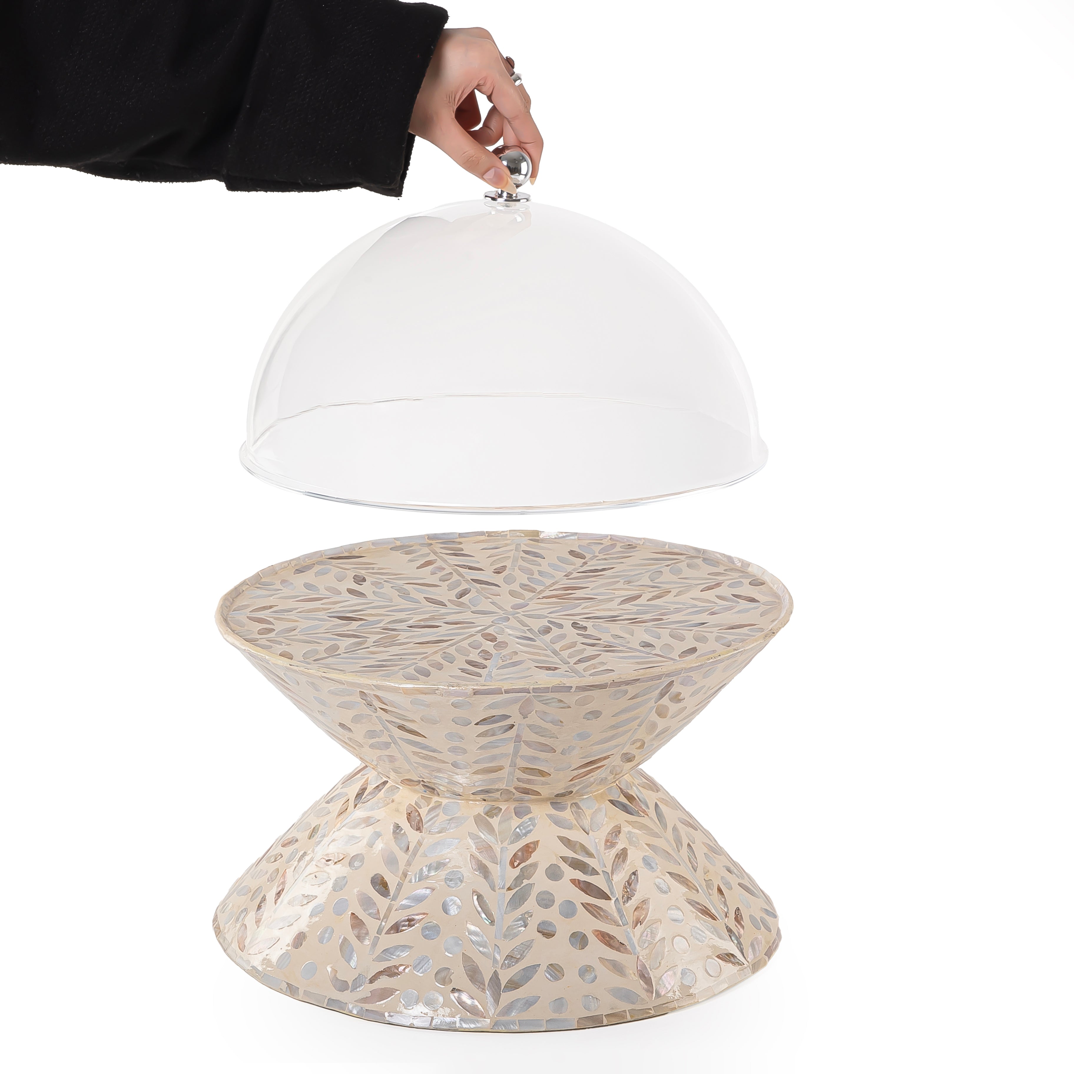 ستاند تقديم الكيك الدائري من الصدف وجهين مع غطاء أكليريك - كريمي كبير