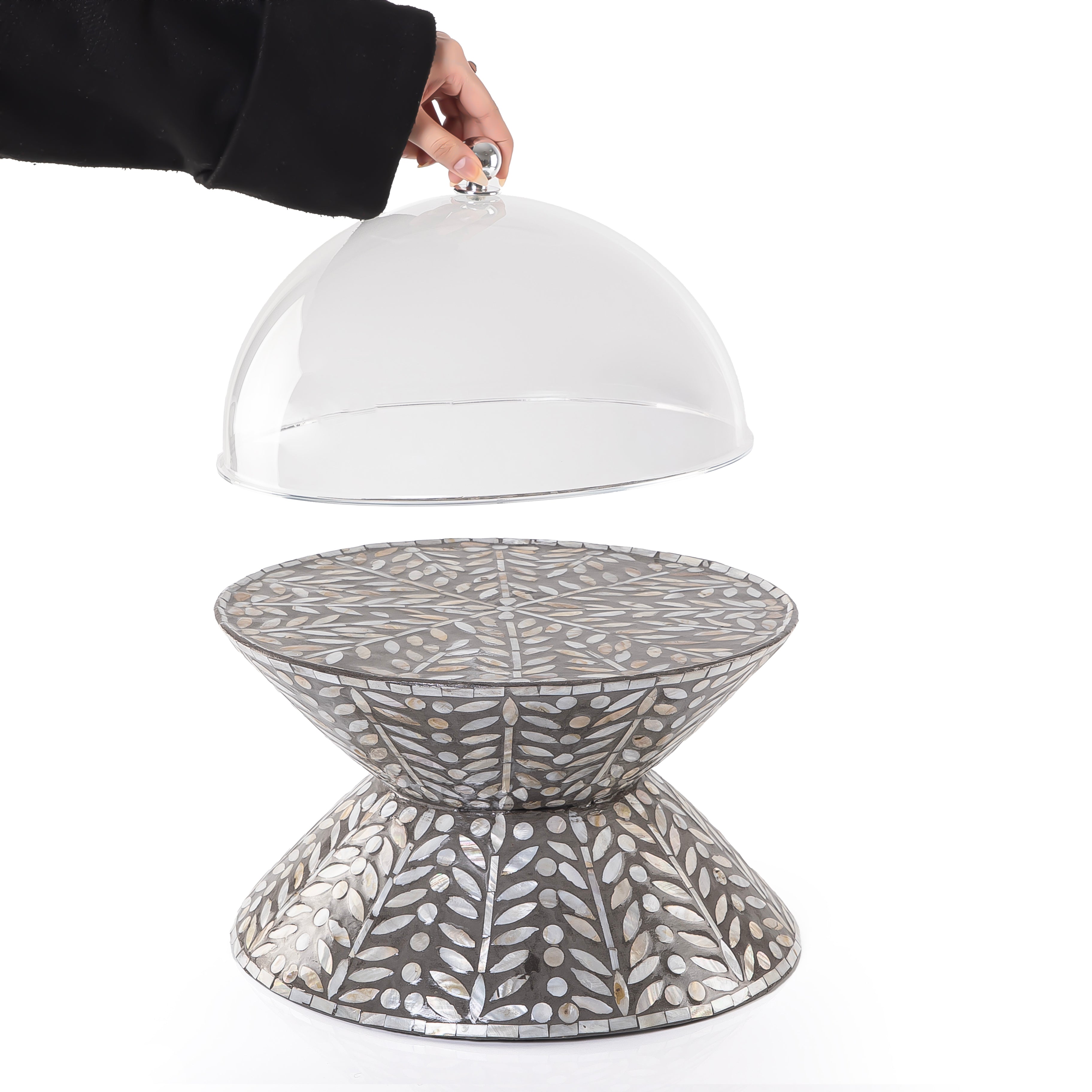 ستاند تقديم الكيك الدائري من الصدف وجهين مع غطاء أكليريك - رمادي كبير