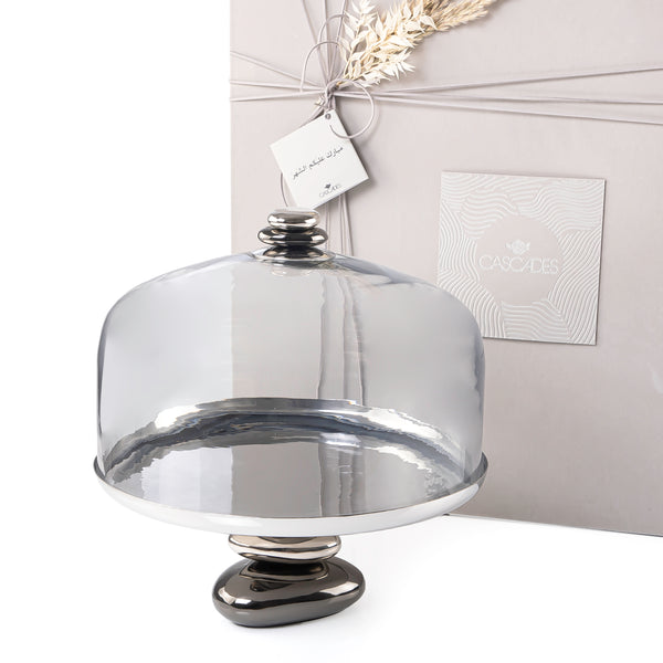 Cake stand dome with pebble stack base - Silver