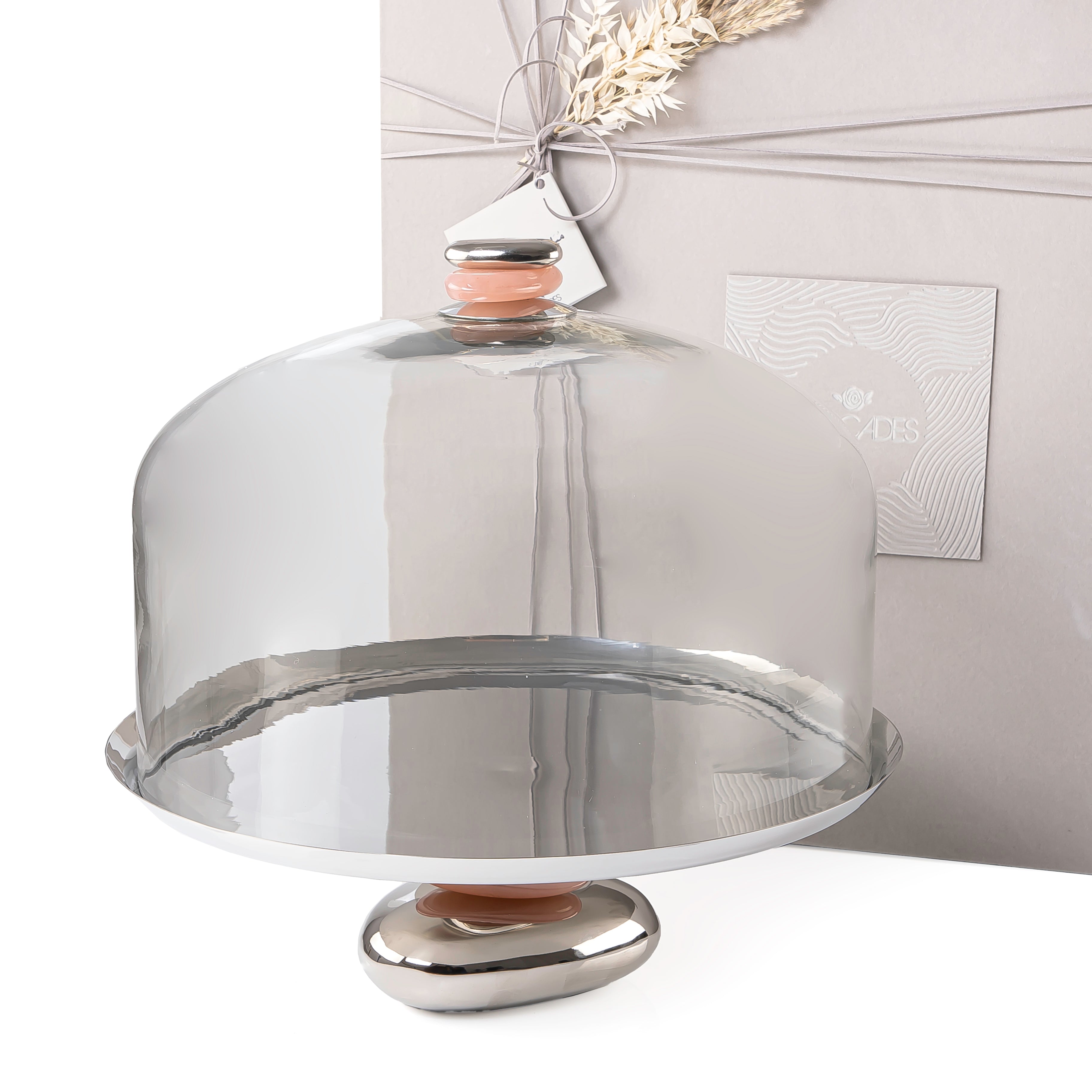 Cake stand dome with pebble stack base - Silver+Pink