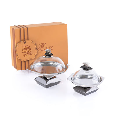 Set of 2 Metal cake stand with glass cover with gift box - black & silver