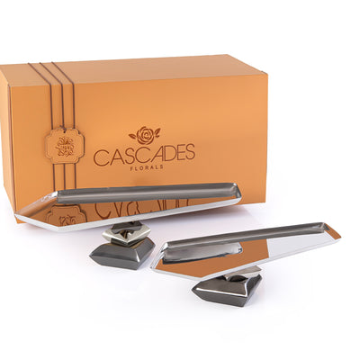 Set of 2 Metal Serving Stand Dish with gift box - Silver & Black