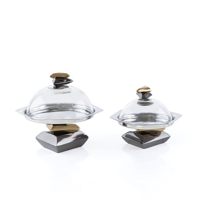 Set of 2 Metal cake stand with glass cover with gift box - black & gold