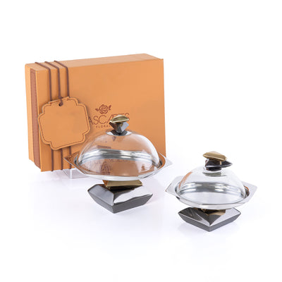 طقم 2 ستاند كيك معدن مع غطاء زجاجي و بوكس هدايا - أسود و ذهبي