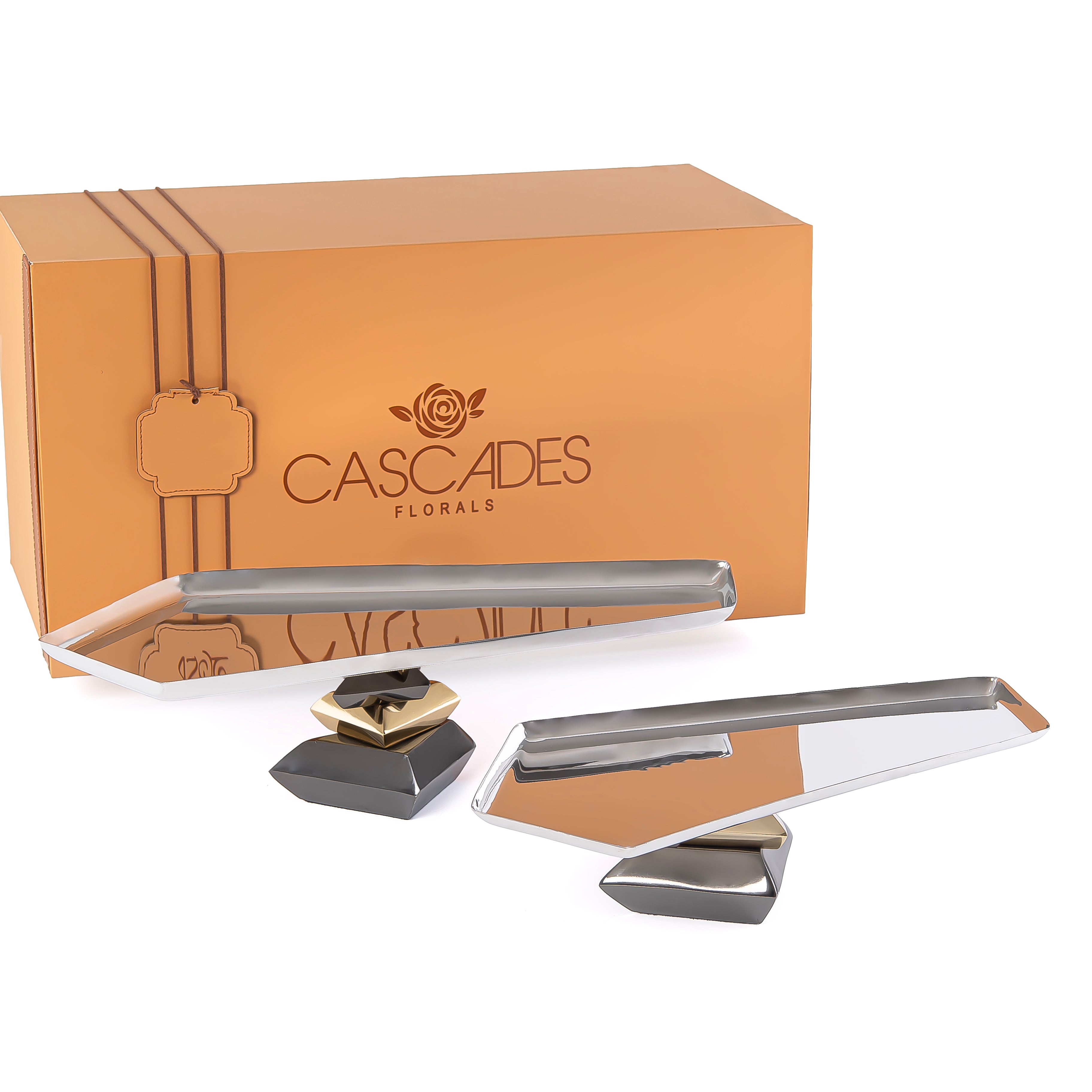 طقم من 2 ستاند معدن للتقديم مع بوكس هدايا - فضي وذهبي