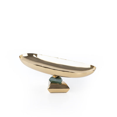 Elegant Metal Oval Serving Dish Gold with Green - Medium