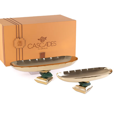 Set of 2 Metal Oval Serving Dish with gift box - Gold & Green