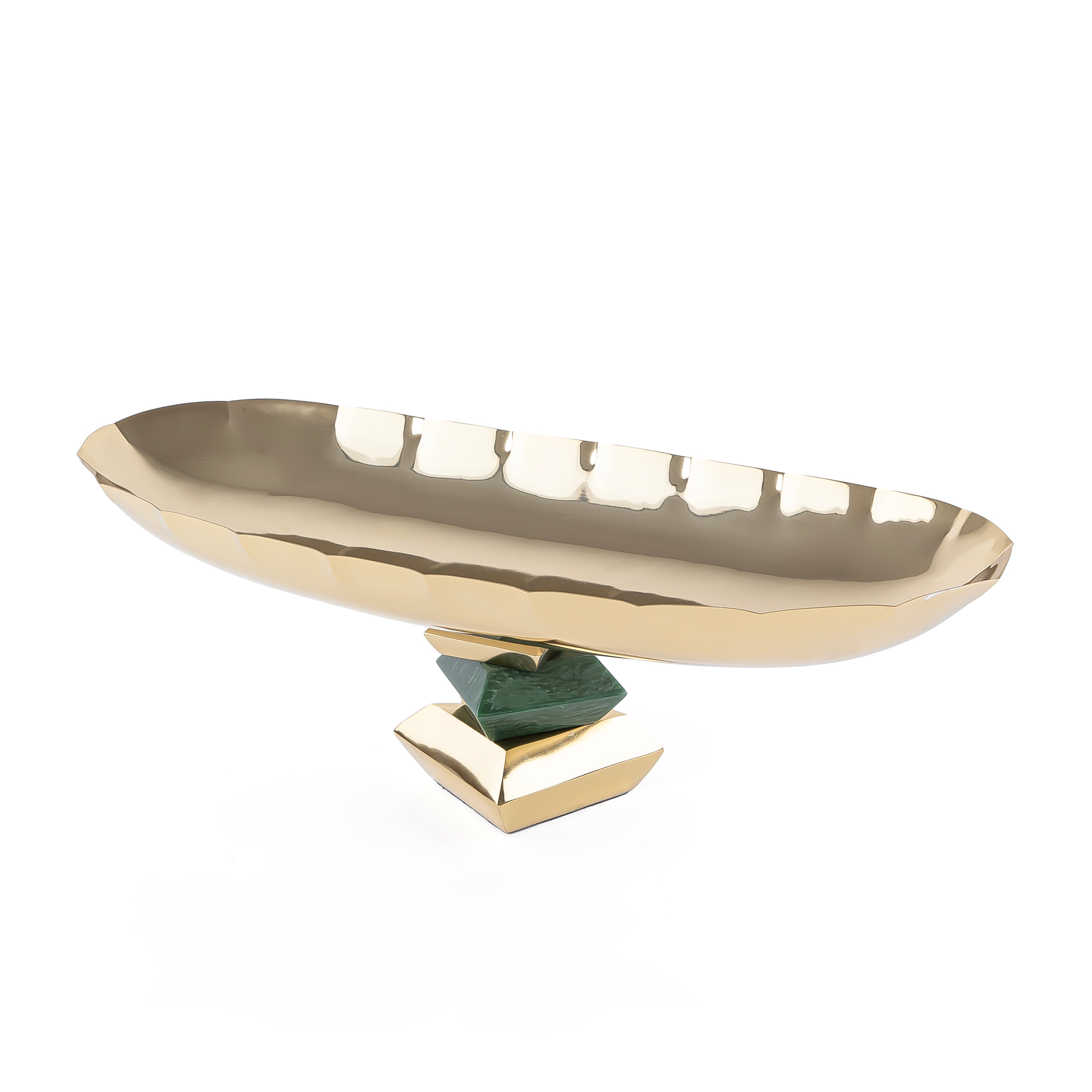 Elegant Metal Oval Serving Dish Gold with Green - Large