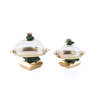 Set of 2 Metal cake stand with glass cover with gift box - green & gold