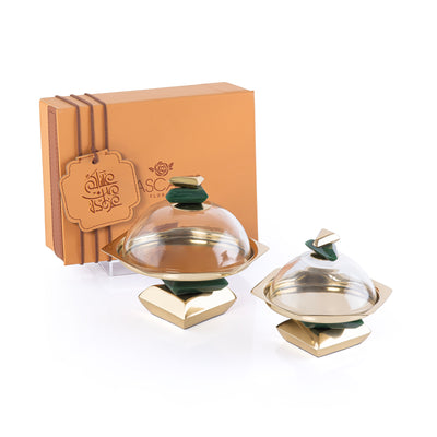 Set of 2 Metal cake stand with glass cover with gift box - green & gold