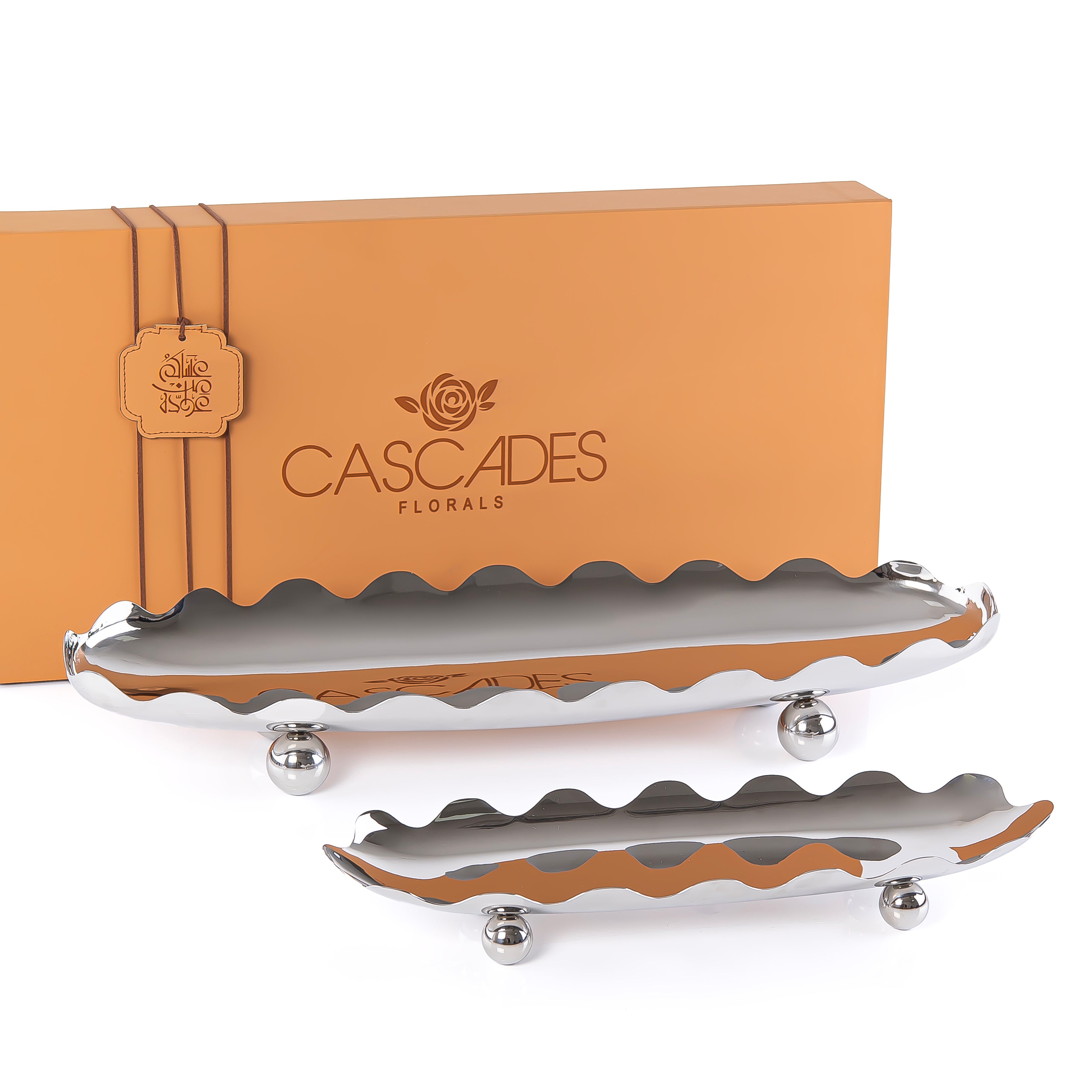 Set of 2 Oval Metal stand With wavy edges with gift box - Silver