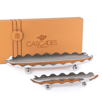 Set of 2 Oval Metal stand With wavy edges with gift box - Silver