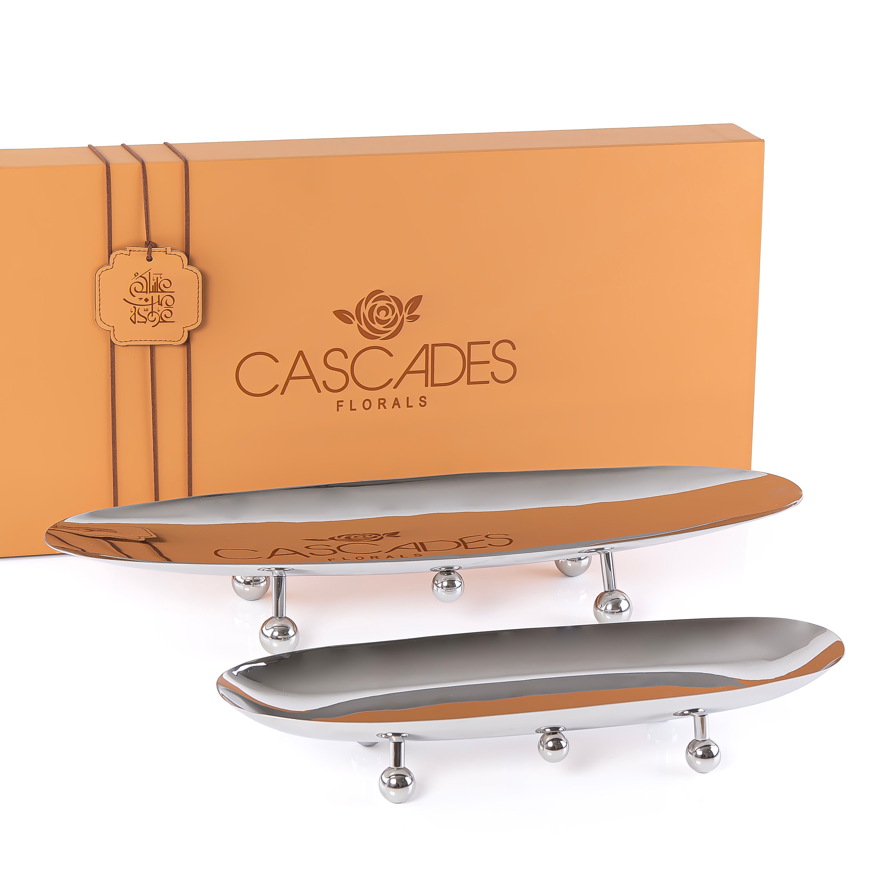 Set of 2 Oval metal stand with legs with gift box - Silver