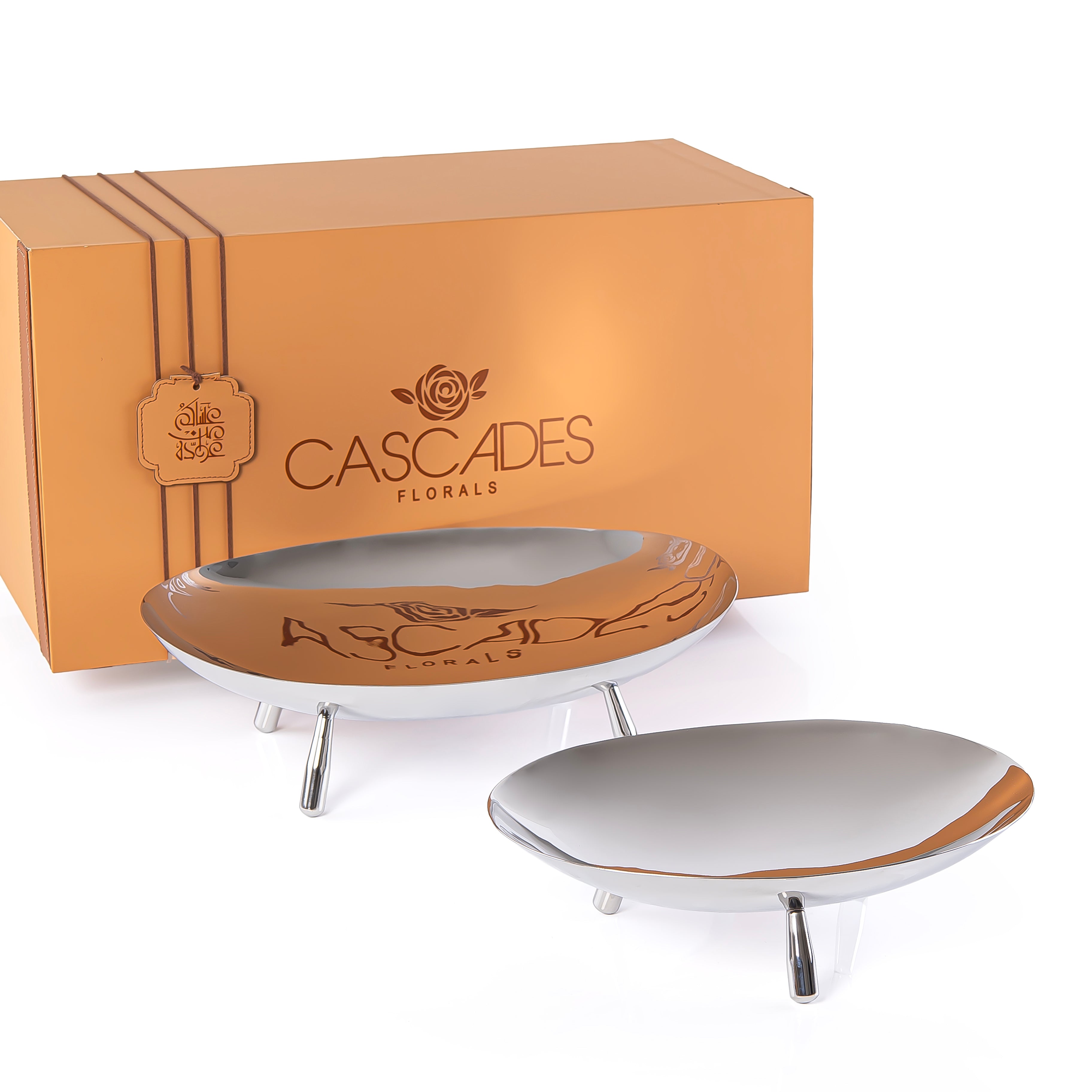 Set of 2 Oval metal stand with legs with gift box - Silver