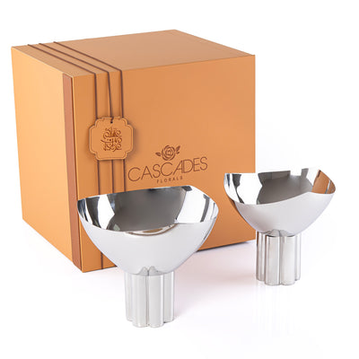 طقم 2 وعاء تقديم معدن دائري مع قاعدة مع بوكس هدايا - فضي
